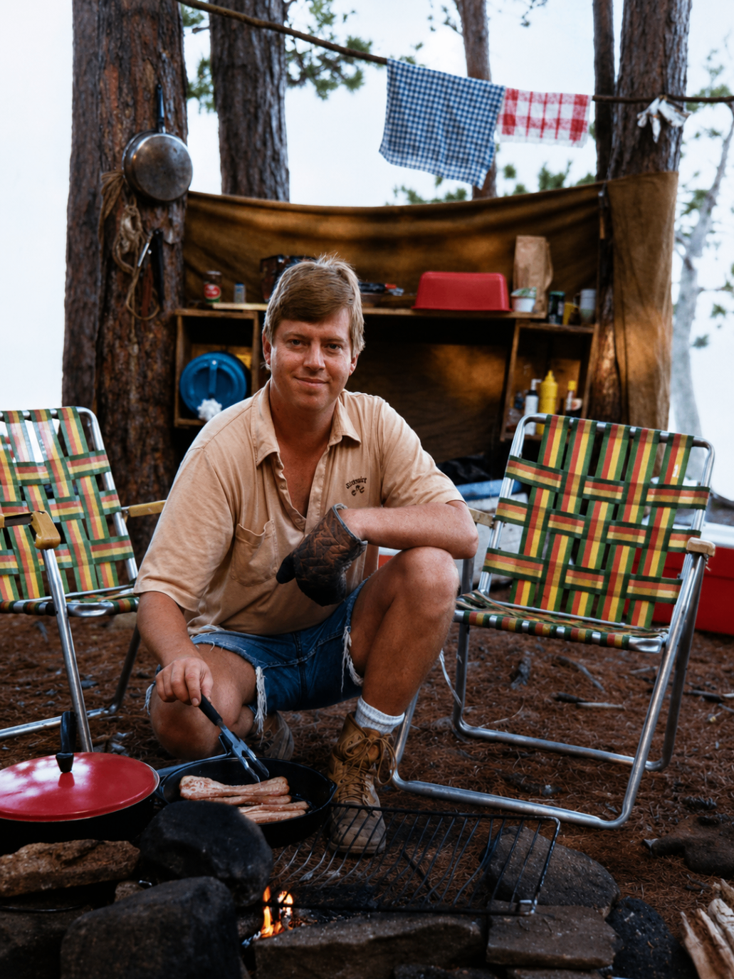 Dave cooking breakfast at a campsite in the woods