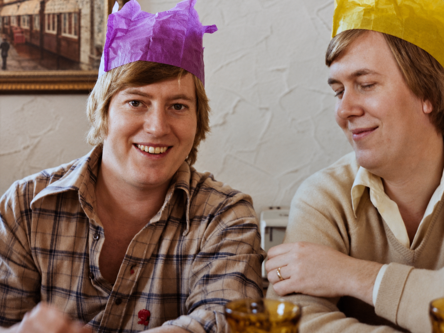 Dave sharing a Christmas cracker moment with a friend