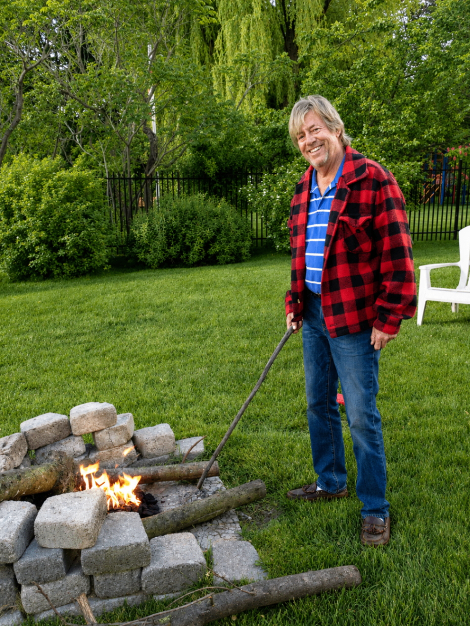 Dave tending a backyard fire pit in the 2000s